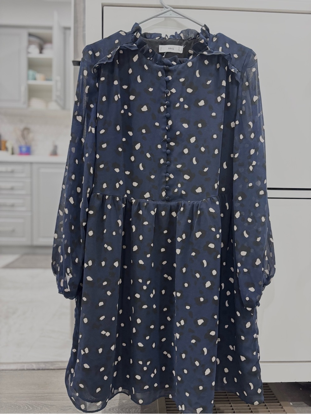 Mango Navy Blue Dress with White Dot Print
